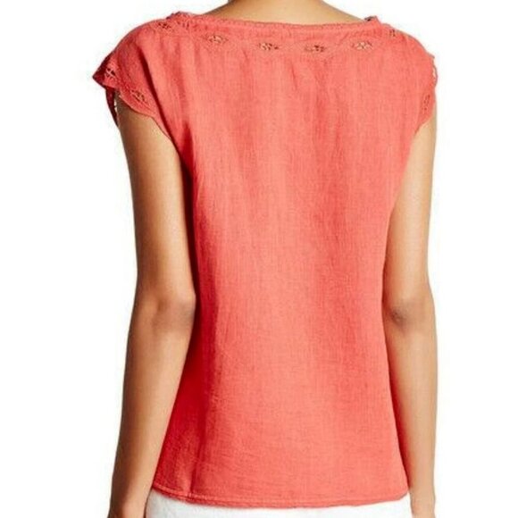 Joie Eyelet Cotton Linen Top Womens Small Coral Short Sleeve Lace Kinski Summer - Picture 7 of 10